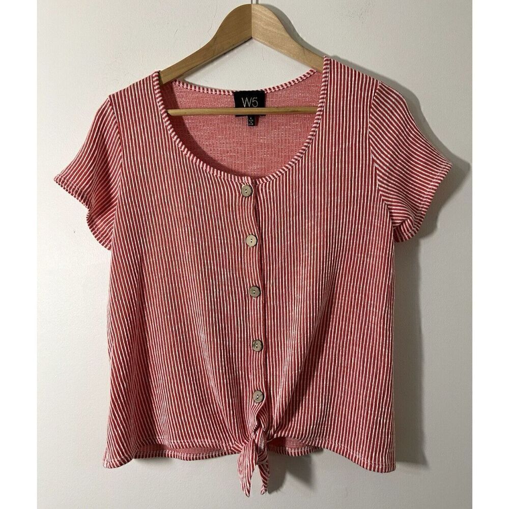 Anthropologie W5 Striped Button Down Tie Knot T-shirt Blouse Top Women's Size L